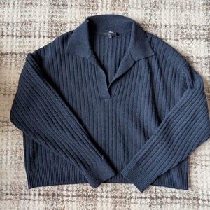 French Connection Vhari Black Ribbed V-Neck Sweater